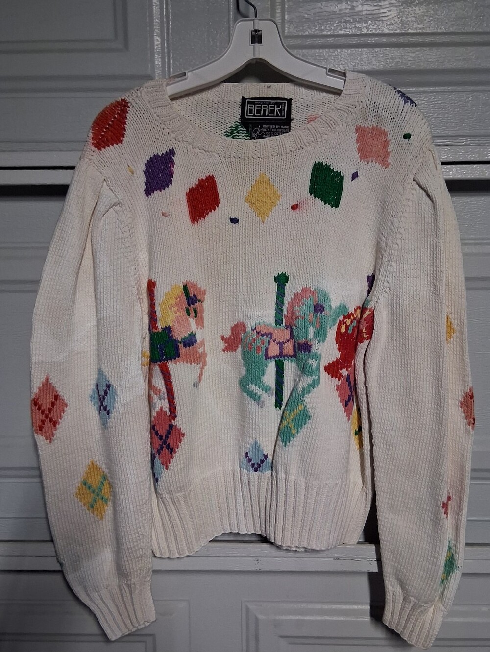 berek Cream Knit Crewneck Sweater with Multicolor Carousel Motif
